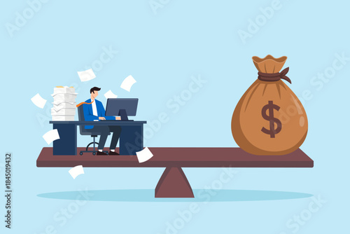Flat illustration of businessman on desk balancing large money bag on seesaw symbolizing overwork burnout job stress and trade off between effort and income