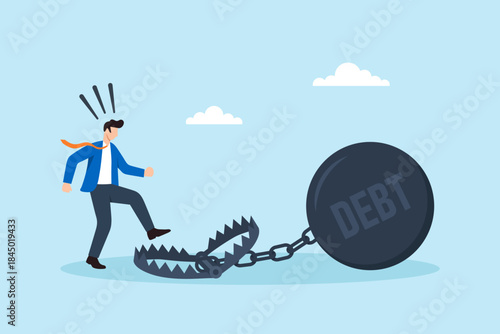 Flat illustration of businessman stepping into debt trap with ball and chain symbolizing financial danger money problem and economic risk