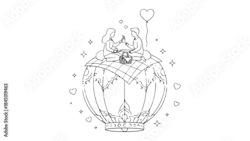 Romantic Celestial Rendezvous: A celestial depiction of two figures on a fantastical setting, celebrating the bond of love under a heart-shaped balloon. Capturing tender emotions, the embrace.