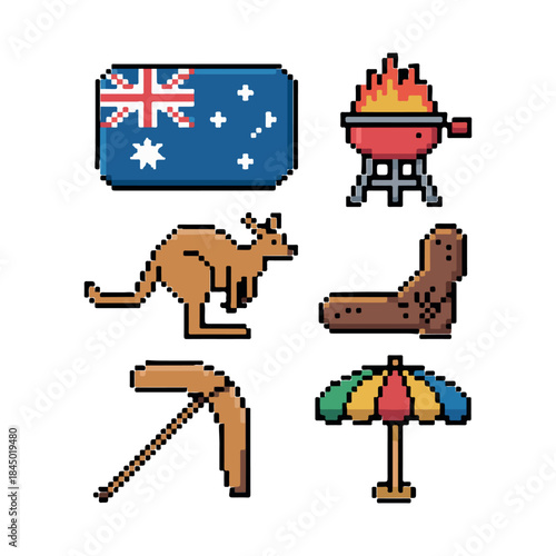 Australian Symbols Pixel Art Icons Collection Pixel icons retro 8-bit style
