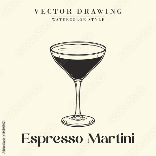 Espresso Martini Cocktail Black and White Retro Vector Illustration
