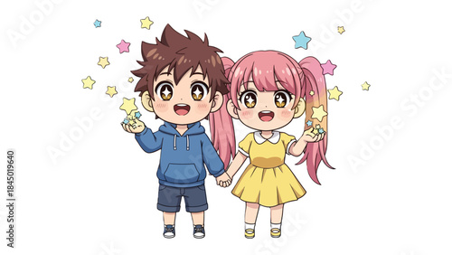 Hand in Hand: An illustration depicting two adorable children, boy and girl, joyfully holding hands amidst a shower of twinkling stars. The image embodies the innocence, friendship.