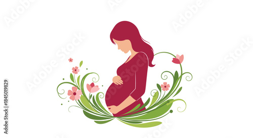 Elegant silhouette of a pregnant woman in a magenta dress, tenderly holding her belly, framed by gentle pink flowers.