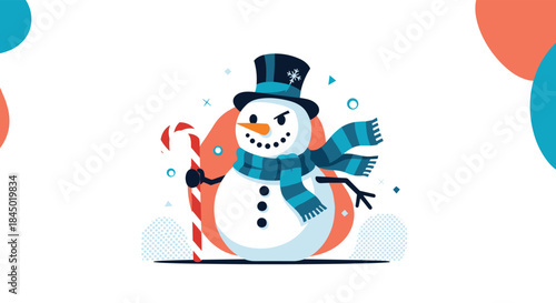 Grumpy but festive snowman cartoon character wearing a top hat and scarf while holding a giant red and white candy cane.