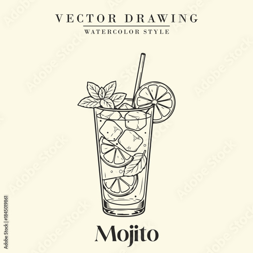 Mojito Cocktail Black and White Retro Vector Illustration