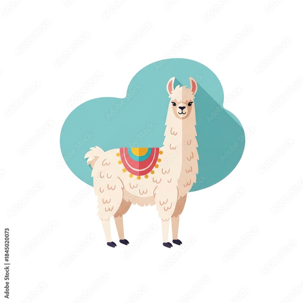 Obraz premium Cartoon Llama with Colorful Saddle and Blue Cloud Background.