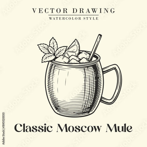 Classic Moscow Mule Cocktail Black and White Retro Vector Illustration