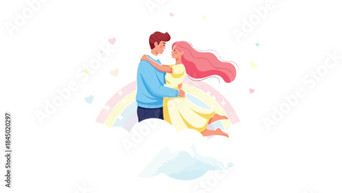 A couple embraced on rainbow and clouds: A couple, wrapped in a loving embrace atop a cloud, is set against a dreamy backdrop featuring a rainbow, and conveying themes of love, romance.