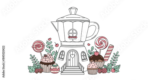 Whimsical coloring page design of a house shaped like a coffee pot surrounded by cupcakes, lollipops, and berries.