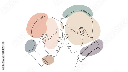 Intimate Embrace: A tender line drawing depicts two figures in a close embrace, their faces touching gently, amidst soft, abstract shapes of color that amplify the depth of feeling. 