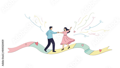 Graceful Embrace on a Whimsical Path: A loving couple dances on a ribbon-like path adorned with hearts and decorative elements, symbolizing their joyous journey through life and love.
