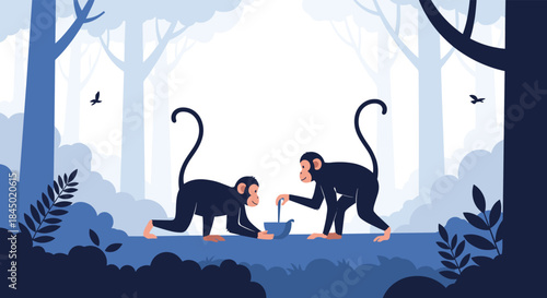 Two monkeys interacting in a monochromatic blue jungle scene, with one offering something to the other from a bowl.