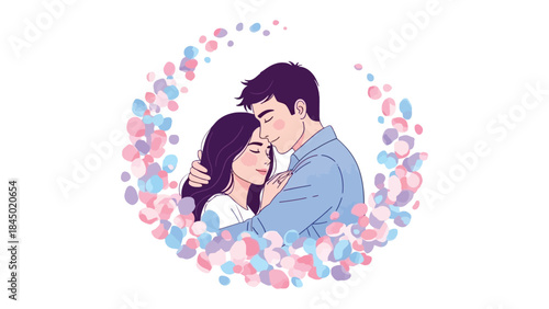 Embracing Affection: An illustration of a tender couple, embraced in a circle of soft petals, symbolizing the gentle bliss of love.