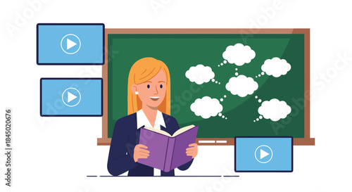 Female teacher standing by a chalkboard with a mind map, illustrating a concept for an online class with video icons.