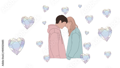 Gentle Affection: A tender couple shares an intimate moment, surrounded by sparkling, heart-shaped symbols of love, symbolizing the bond between two souls.
