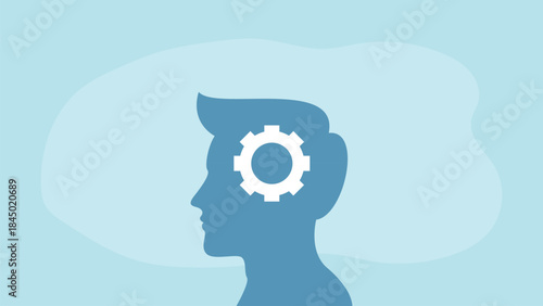 Silhouette of a person's head with a gear inside, symbolizing thought processes and ideas.