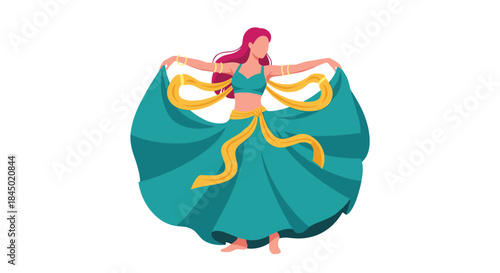 Graceful woman with long pink hair performing a belly dance in a flowing turquoise and gold costume on white background.