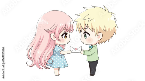 Love Letter Exchange: An enchanting illustration of a couple exchanging a love letter, portraying a moment of shared emotion, affection and intimacy.