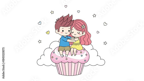 Sweetheart's Embrace on a Delightful Treat: A tender scene of a couple, nestled together atop a whimsical cupcake, their hearts intertwined with the softest of clouds and floating hearts.