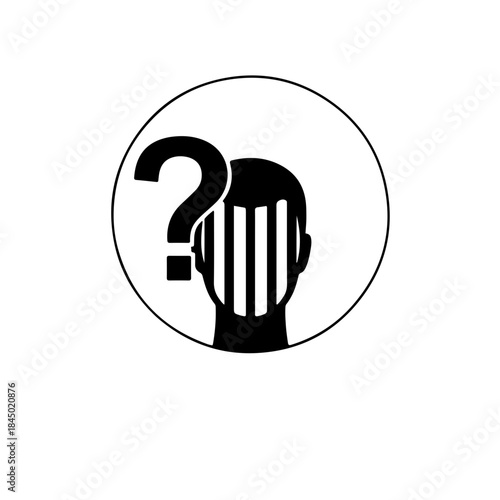 icon showing a head silhouette behind prison bars with a large question mark inside, representing a missing, unjustly imprisoned, or kidnapped journalist. The symbol highlights the mystery