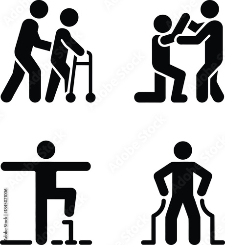 Icons set illustrating physical therapy, rehabilitation exercises, and assisted mobility for a patient
