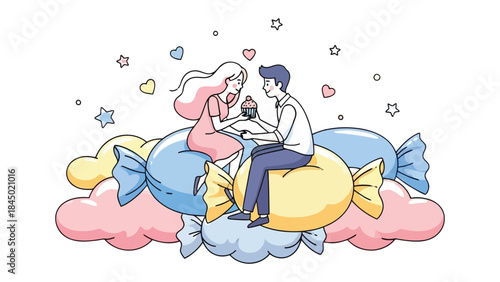 Sweetheart's Delight: A tender scene of a couple on candy, sharing a cupcake, illustrating the sweetness of romance, love and affection.
