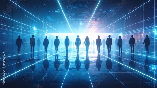 Silhouetted People Walking Through Futuristic Digital Tunnel