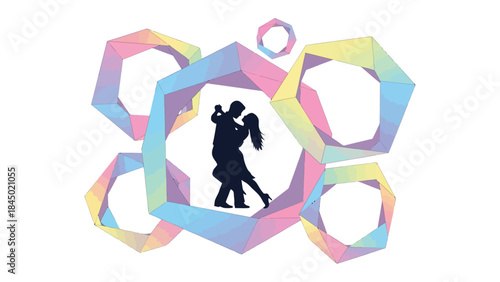 Dancing in Geometric Realms: Silhouette of a dancing couple framed within a constellation of colorful, interconnected geometric shapes, offering a captivating blend of art and motion.