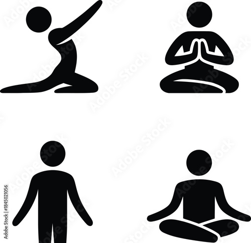 Four minimalist silhouette icons showing different yoga and meditation poses for wellness