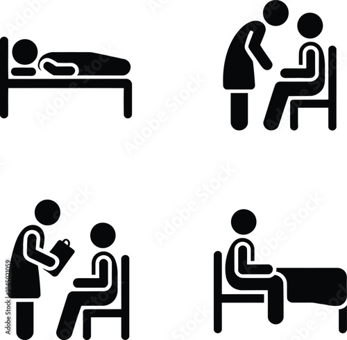 A collection of four black icons representing various patient care and medical examination scenarios