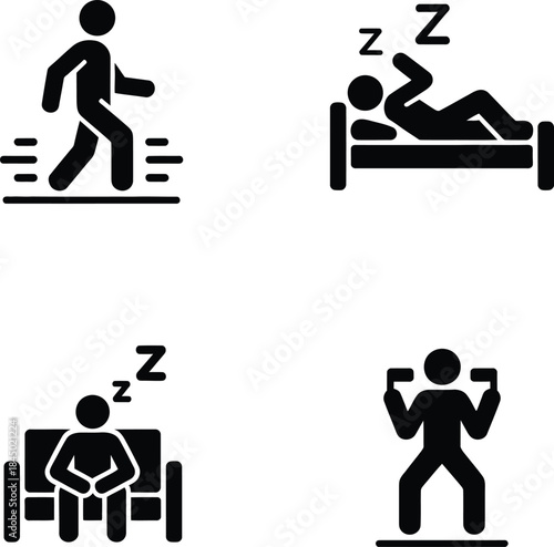 Set of human activities icons representing walking, sleeping, and exercising