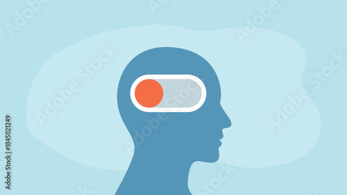 Illustration of a silhouette of a person's head with a toggle switch inside, indicating a state of being off or inactive.