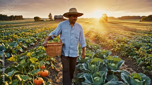 Farmer harvesting crops, basket in hand, at sunset, in an agricultural field. Sun shines brightly