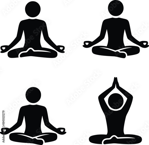 A set of four simple black silhouette icons depicting various yoga and meditation poses for health and wellness