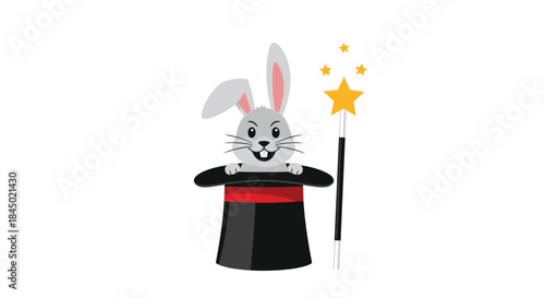 Cute cartoon rabbit magician popping out of a black top hat, holding a magic wand with sparkling yellow stars.
