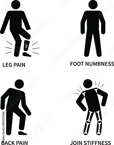 A collection of pictograms representing common physical ailments including pain and stiffness