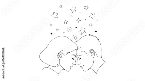 Infinite Love Under the Stars: Two figures, their faces close together beneath a cascade of twinkling stars, symbolizing unity and togetherness in a moment of pure bliss.