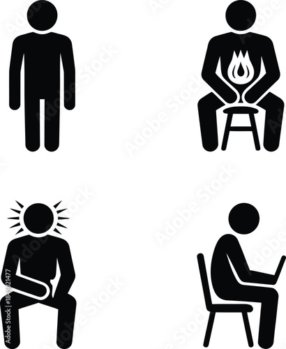 A collection of icons representing different human states and activities like work and health issues