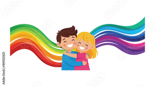 Embrace and Rainbow of love: Two smiling individuals embrace against a backdrop of colorful, fluid lines, radiating joy and harmony and unity.