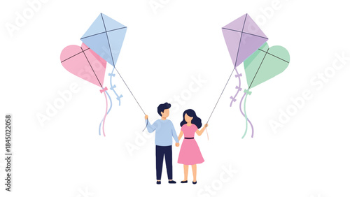 Love in Flight: A charming couple stands hand-in-hand, their kites soaring high, symbolizing dreams and the beautiful journey of togetherness. 