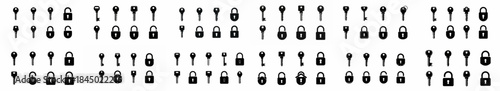 Photos Key and padlock icon collection: black silhouettes of diverse lock and unlock symbols for security, access control, and privacy concepts on a white background