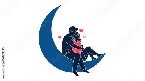 Eternal Embrace Under the Moon: A tender couple embraces intimately, nestled upon a crescent moon, enveloped by hearts, symbolizing everlasting love and the magic of romance.