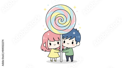 Candy Lovebirds: Delightful illustration of a cheerful couple sharing a giant lollipop, radiating sweetness and joy.