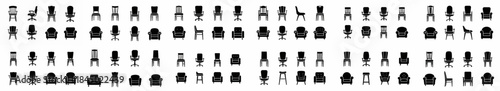 A comprehensive collection of black chair and armchair silhouettes illustrating various furniture types, including office, dining, and lounge seating, isolated on white.