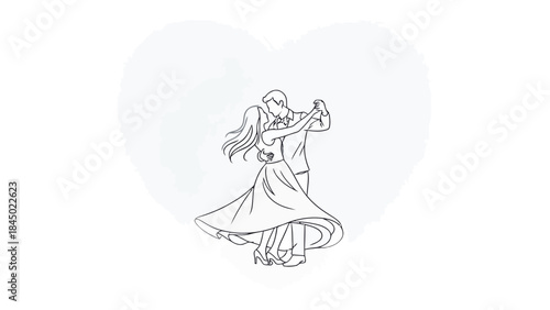 Couple's Dance of Romance: A graceful couple twirls in an intimate embrace. The dance, a celebration of love, unfolds in the delicate artistry of line art.