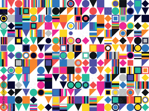 Vibrant geometric abstract pattern with playful shapes and bold colors, creating a dynamic visual.