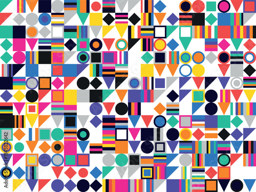 Vibrant geometric pattern with colorful shapes and bold lines, creating a playful and energetic abstract design.