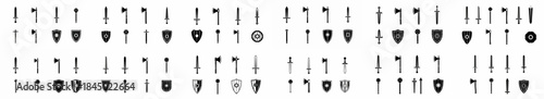 Medieval and Fantasy Weaponry Icon Set: Swords, Axes, Maces, and Shields Collection in Black Silhouette for Gaming or Historical Design.
