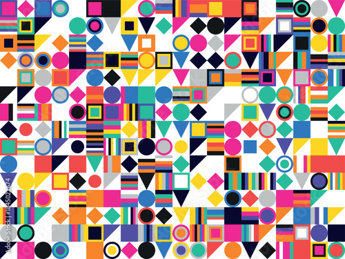 Vibrant geometric abstract pattern with colorful shapes and lines creating a lively, modern design.