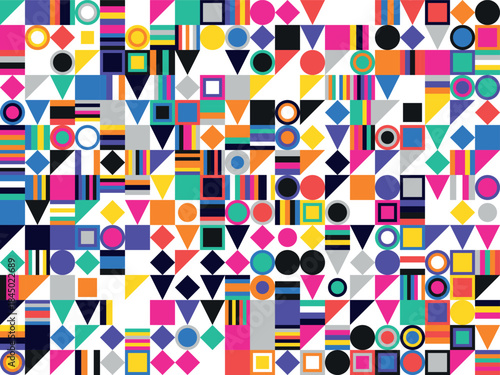 Vibrant geometric pattern with diverse shapes and bright colors creating a playful, abstract design